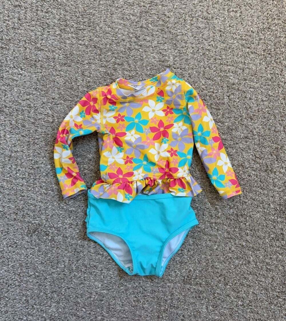 RuffleButts Floral Long Sleeve Rash Guard Swim Set 12-18m
